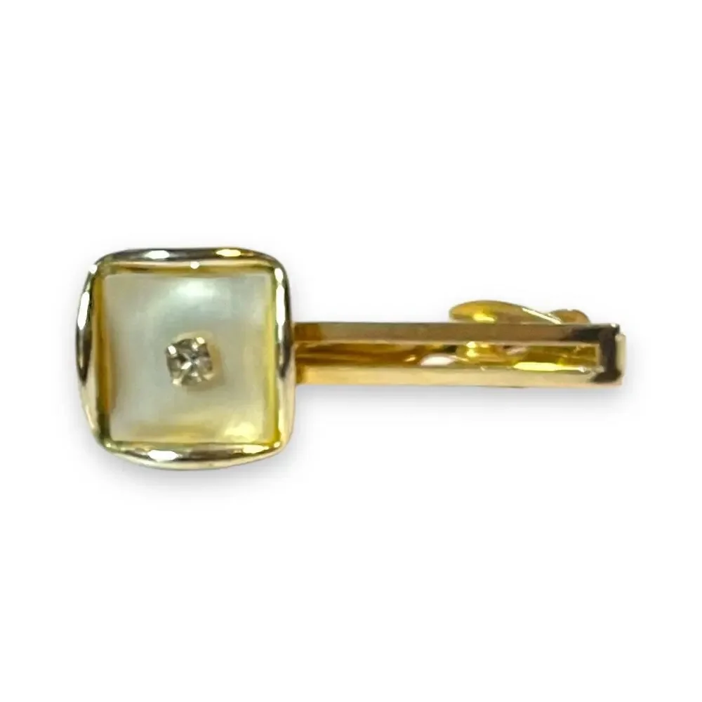 Vintage Cufflinks and Tie Bar Gold Tone Mother of Pearl Rhinestone Wave Edge